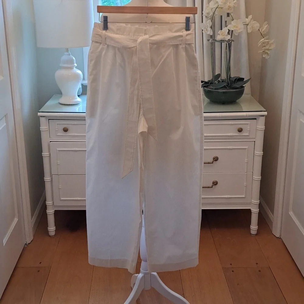 NWT J. Crew Womens Wide Leg White Cropped Chino Pants Elastic Waist Sash‎ S-6